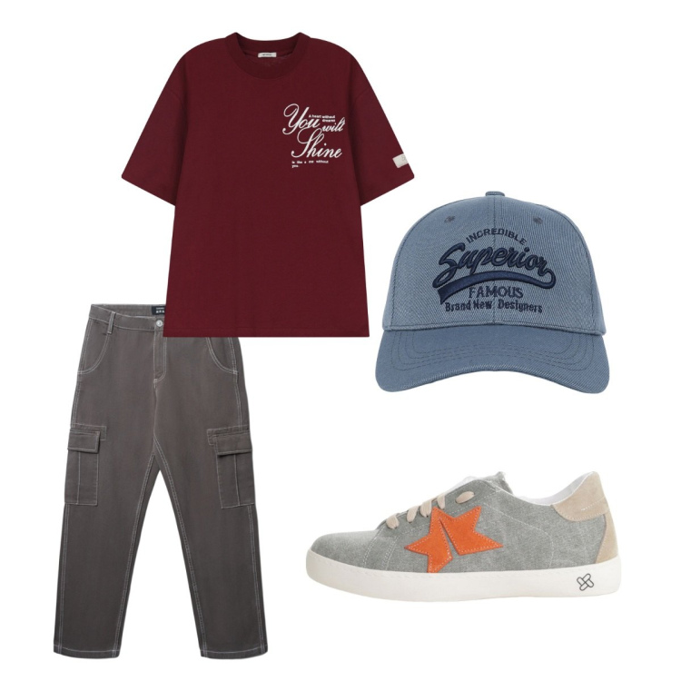 Outfit uomo - Agosto. Stile Casual per Tutti i giorni. Abbinamento con cappelli con visiera, pantaloni cargo, sneakers, t-shirt.