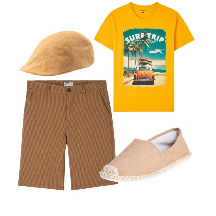 Outfit uomo - Agosto. Stile Casual per Tutti i giorni. Abbinamento con bermuda, espadrillas, t-shirt, cappelli con visiera.