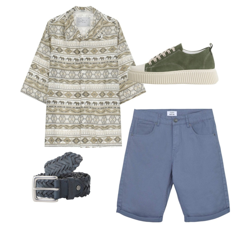 Outfit uomo - Total look city. Stile Casual per Tutti i giorni. Abbinamento con bermuda, sneakers, cinture, camicie a manica corta.