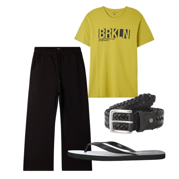 Outfit uomo - Agosto. Stile Casual per Tutti i giorni. Abbinamento con t-shirt, sandali, pantaloni, cinture.