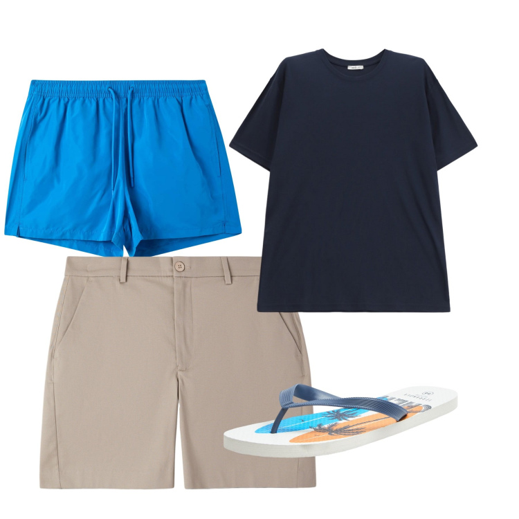 Outfit uomo - Agosto. Stile Casual per Tutti i giorni. Abbinamento con sandali, costumi, pantaloni corti, t-shirt.