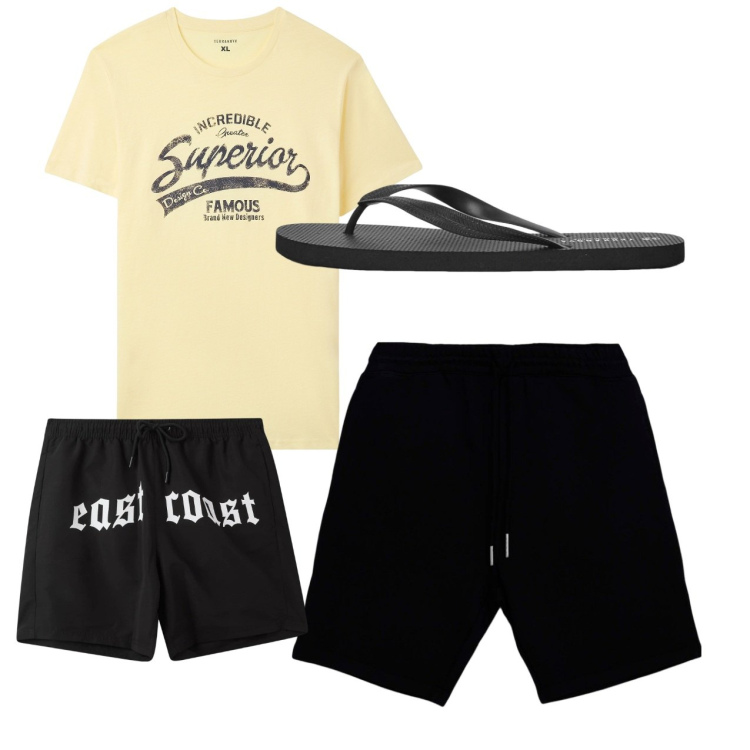 Outfit uomo - Total look city. Stile Casual per Tutti i giorni. Abbinamento con t-shirt, sandali, costumi, pantaloni corti.