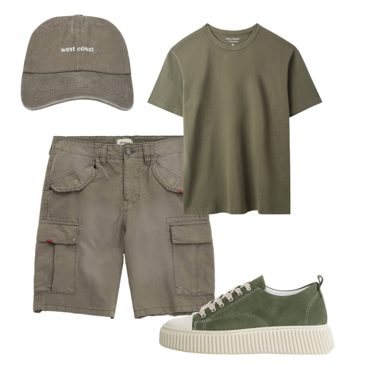 Outfit uomo - Verde safari. Stile Casual per Tutti i giorni. Abbinamento con cappelli, t-shirt, sneakers, bermuda.