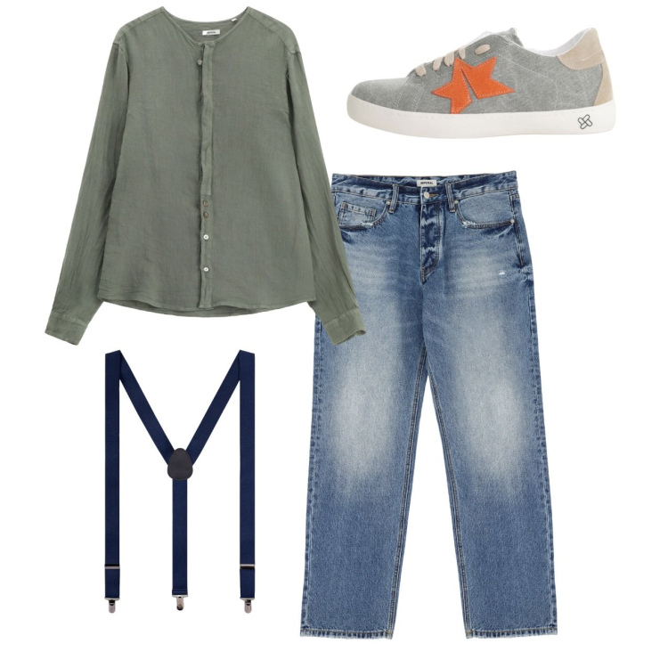 Outfit uomo - Total look city. Stile Casual per Tutti i giorni. Abbinamento con jeans, sneakers, camicie, bretelle.