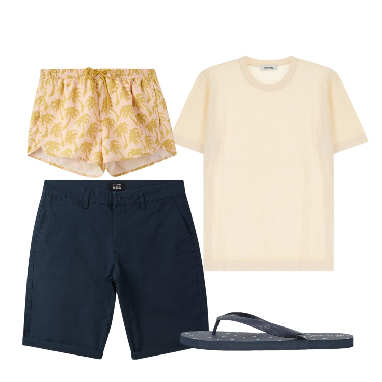 Outfit uomo - Agosto. Stile Casual per Tutti i giorni. Abbinamento con sandali, bermuda, costumi, maglieria.