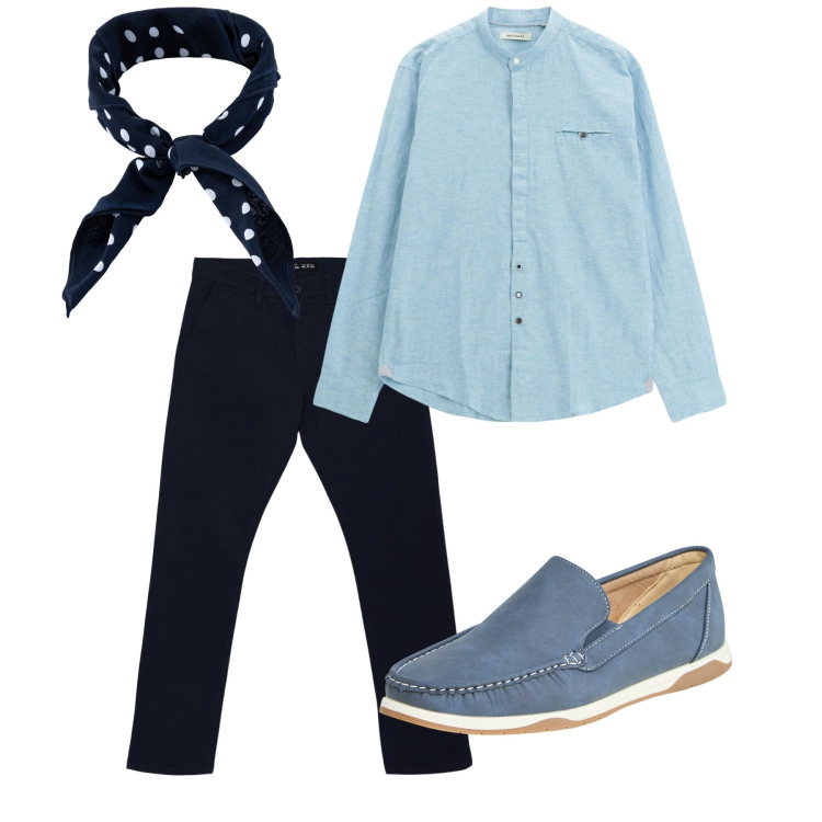 Outfit uomo - Agosto. Stile Casual per Tutti i giorni. Abbinamento con scarpe stringate, pantaloni chino, camicie, sciarpe e foulard.