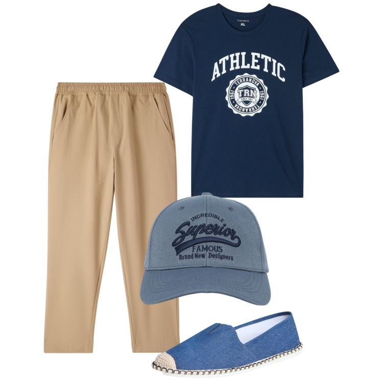 Outfit uomo - Agosto. Stile Casual per Tutti i giorni. Abbinamento con t-shirt, espadrillas, cappelli con visiera, pantaloni.