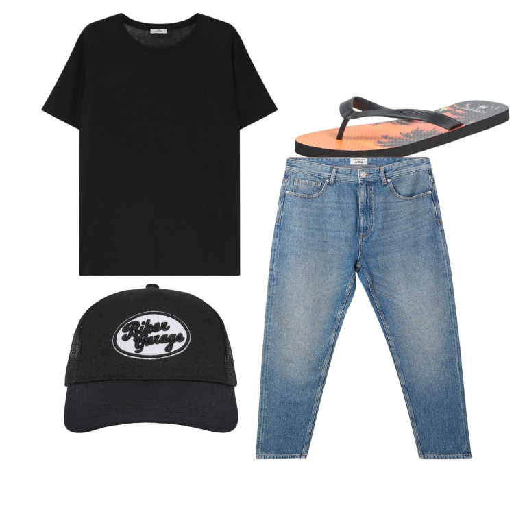 Outfit uomo - Total look city. Stile Casual per Tutti i giorni. Abbinamento con sandali, cappelli, jeans, t-shirt.
