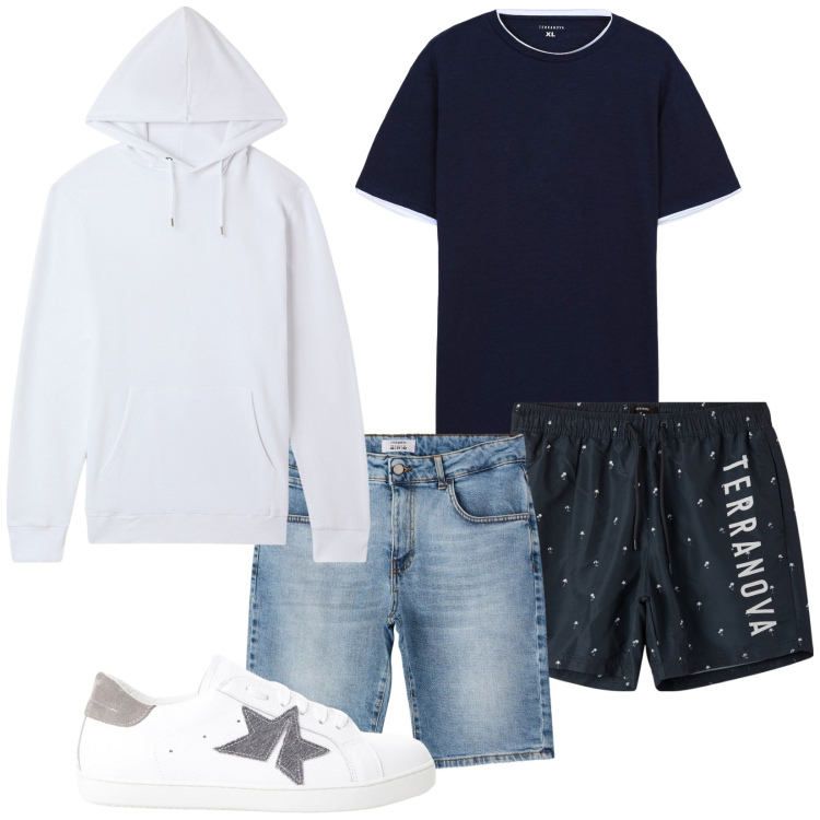 Outfit uomo - Fine agosto. Stile Casual per Mare. Abbinamento con felpe con cappuccio, bermuda, costumi, t-shirt, sneakers.