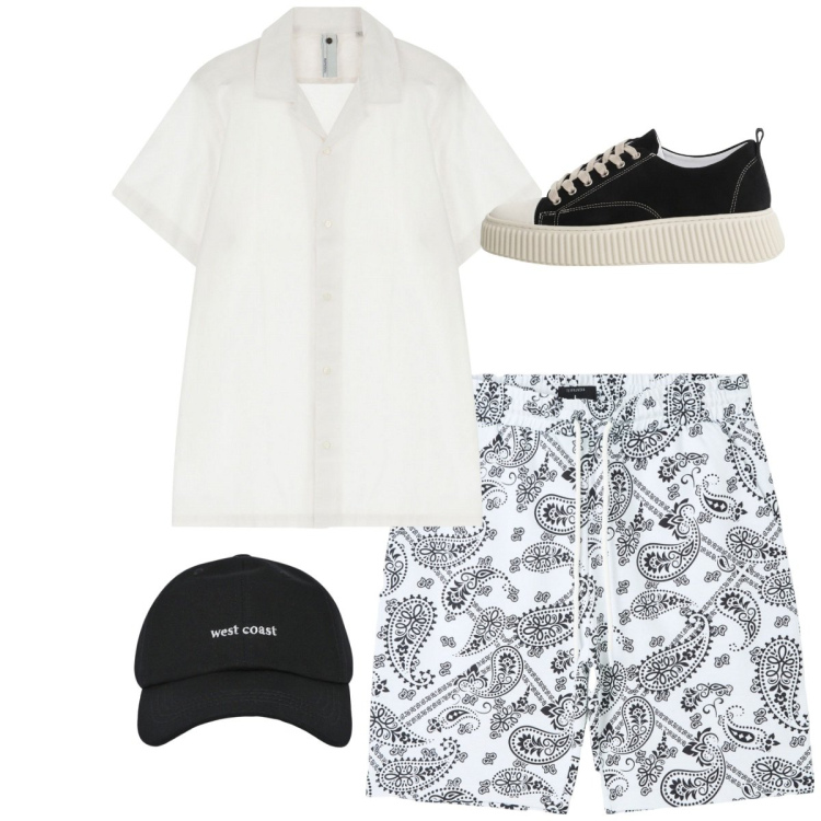 Outfit uomo - Total look city. Stile Casual per Tutti i giorni. Abbinamento con bermuda, cappelli con visiera, sneakers, camicie a manica corta.