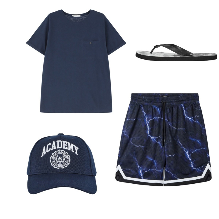 Outfit uomo - Total look city. Stile Casual per Tutti i giorni. Abbinamento con bermuda, cappelli con visiera, sandali, t-shirt.