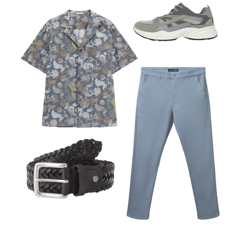 Outfit uomo - Total look city. Stile Casual per Tutti i giorni. Abbinamento con sneakers, pantaloni chino, cinture, camicie a manica corta.