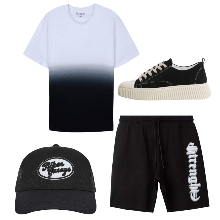 Outfit uomo - Total look city. Stile Casual per Tutti i giorni. Abbinamento con cappelli, bermuda, t-shirt, sneakers.