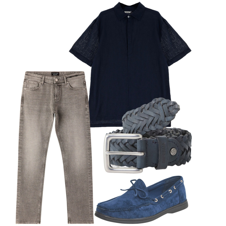Outfit uomo - Agosto. Stile Casual per Tutti i giorni. Abbinamento con scarpe stringate, jeans, cinture, polo.