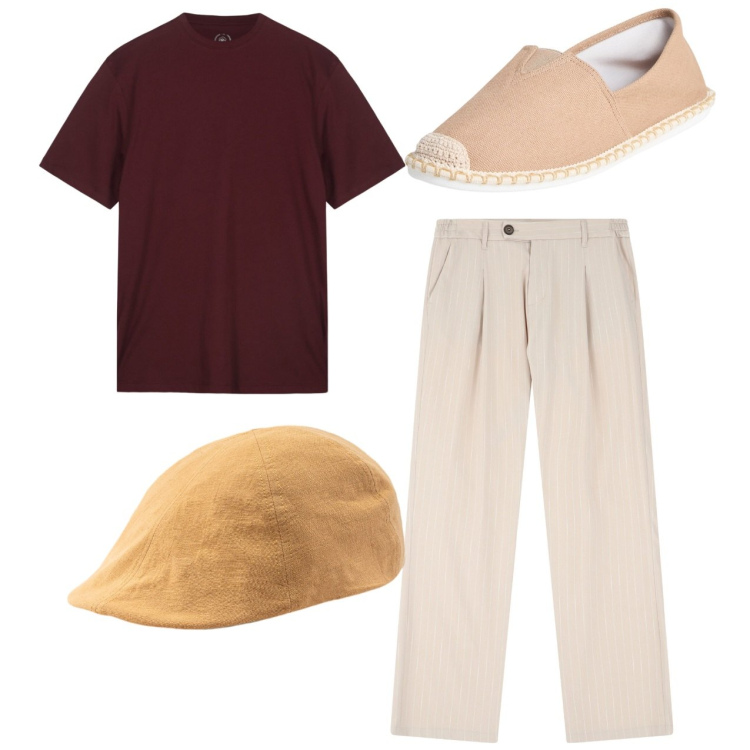 Outfit uomo - Total look. Stile Casual per Tutti i giorni. Abbinamento con espadrillas, pantaloni, cappelli con visiera, t-shirt.