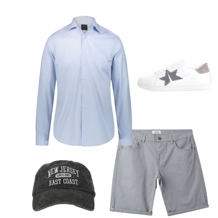 Outfit uomo - Total look city. Stile Casual per Tutti i giorni. Abbinamento con bermuda, cappelli con visiera, sneakers, camicie.