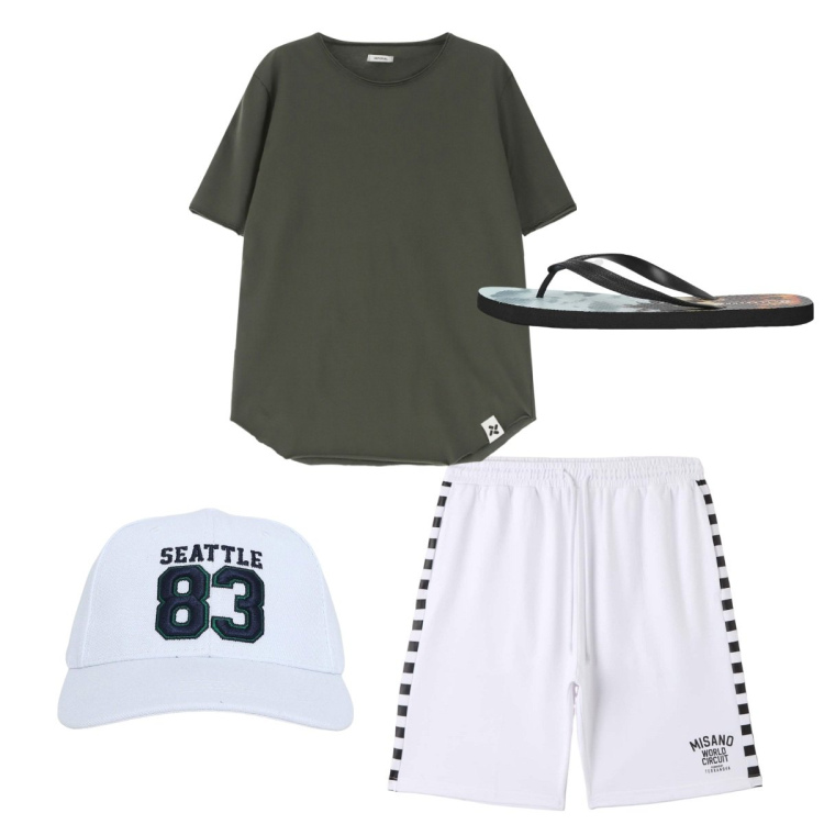 Outfit uomo - Total look city. Stile Casual per Tutti i giorni. Abbinamento con bermuda, cappelli, sandali, t-shirt.
