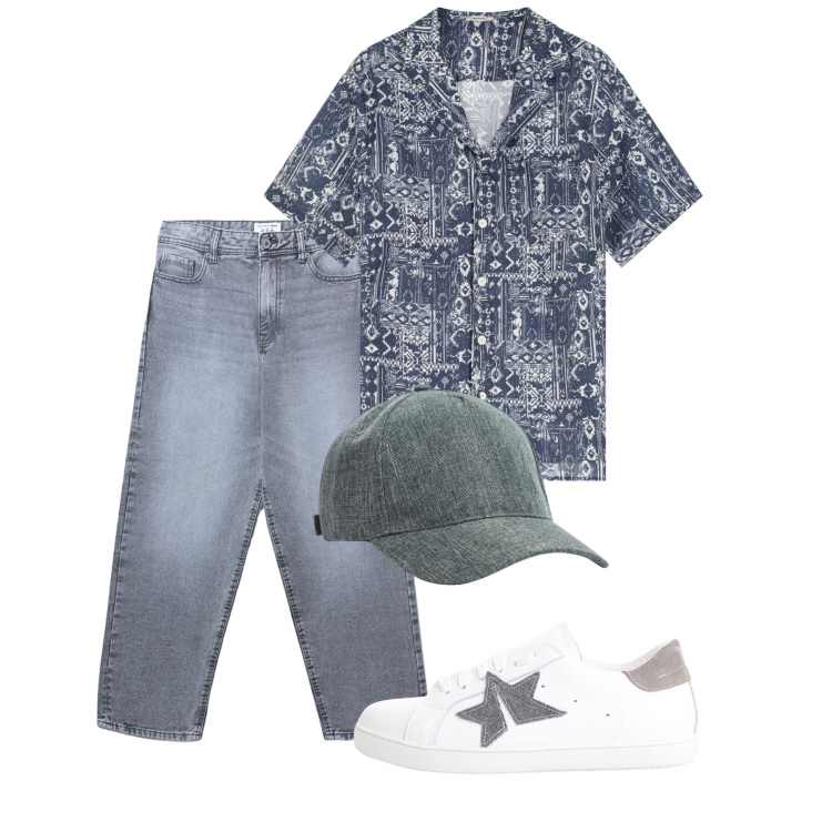 Outfit uomo - Agosto. Stile Casual per Tutti i giorni. Abbinamento con cappelli, jeans, sneakers, camicie a manica corta.