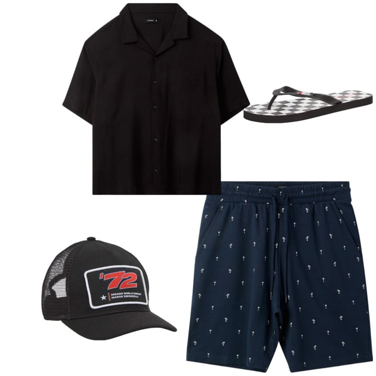 Outfit uomo - Total look city. Stile Casual per Tutti i giorni. Abbinamento con cappelli, sandali, camicie a manica corta, bermuda.