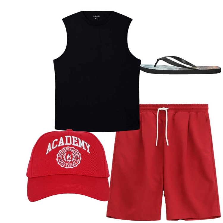 Outfit uomo - Total look city. Stile Casual per Tutti i giorni. Abbinamento con cappelli, canottiere, sandali, bermuda.
