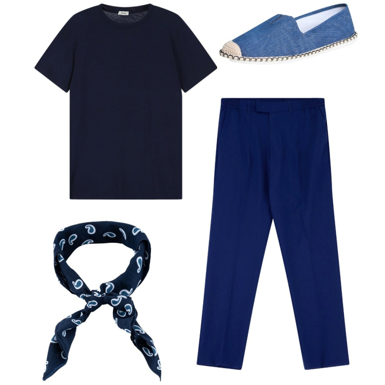 Outfit uomo - Total look city. Stile Casual per Tutti i giorni. Abbinamento con espadrillas, pantaloni, t-shirt, sciarpe e foulard.