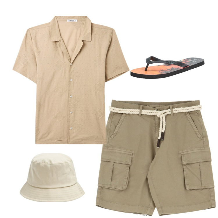 Outfit uomo - Total look city. Stile Casual per Tutti i giorni. Abbinamento con cappelli, sandali, camicie a manica corta, bermuda.