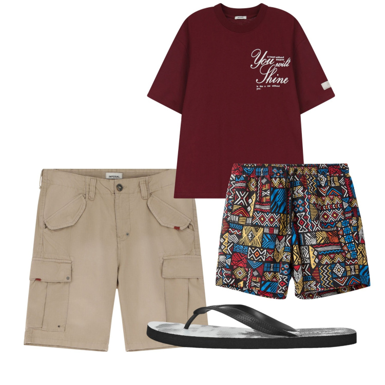 Outfit uomo - Agosto di chi ha una vita. Stile Casual per Tutti i giorni. Abbinamento con costumi, sandali, bermuda, t-shirt.