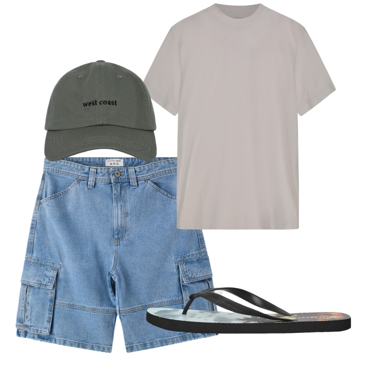 Outfit uomo - Agosto di chi ha una vita. Stile Casual per Tutti i giorni. Abbinamento con sandali, bermuda, cappelli con visiera, t-shirt.