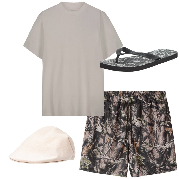 Outfit uomo - Total look city. Stile Casual per Mare. Abbinamento con sandali, bermuda, cappelli e berretti, t-shirt.