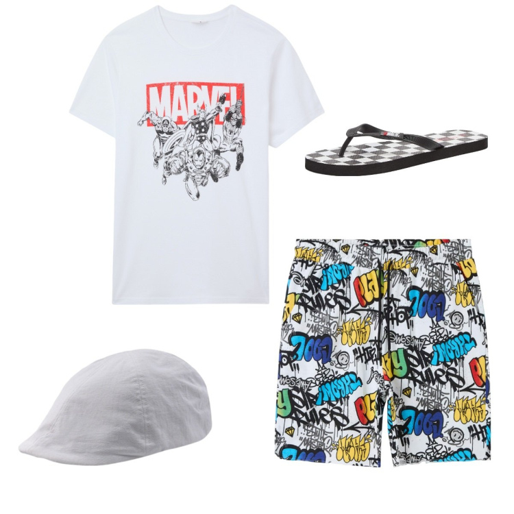 Outfit uomo - Total look city. Stile Casual per Mare. Abbinamento con sandali, bermuda, t-shirt, cappelli con visiera.