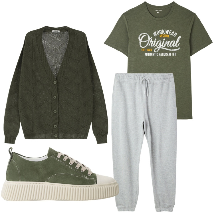 Outfit uomo - Geometrie di stile. Stile Casual per Tutti i giorni. Abbinamento con t-shirt, pantaloni, cardigans, sneakers.