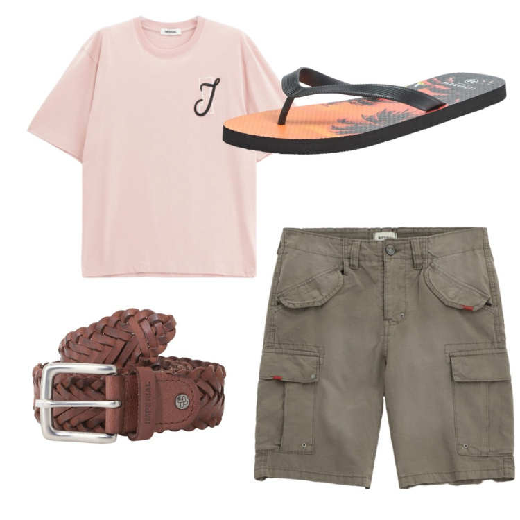 Outfit uomo - Total look. Stile Casual per Tutti i giorni. Abbinamento con sandali, t-shirt, cinture, bermuda.