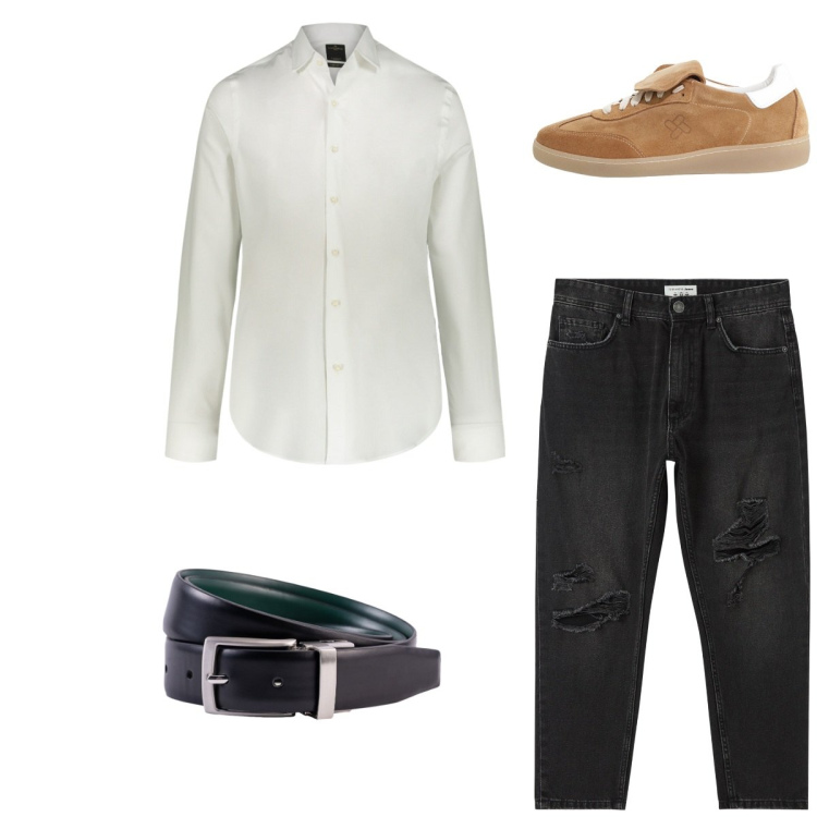 Outfit uomo - Total look city. Stile Casual per Tutti i giorni. Abbinamento con jeans strappati, sneakers, camicie, cinture.