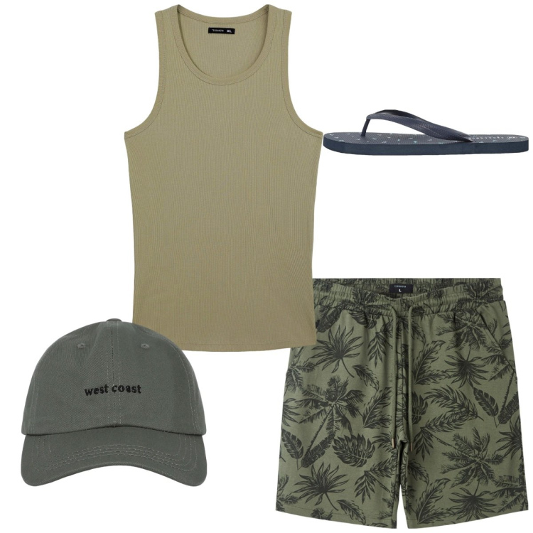 Outfit uomo - Total look city. Stile Casual per Mare. Abbinamento con bermuda, canottiere, sandali, cappelli con visiera.