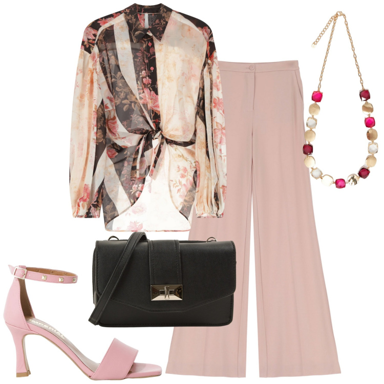 Outfit donna - Serata. Stile Chic per Serata fuori. Abbinamento con borse a tracolla, pantaloni, camicie, sandali col tacco, collane.