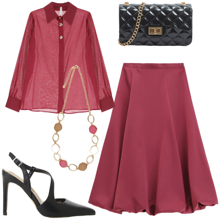 Outfit donna - Serata. Stile Chic per Serata fuori. Abbinamento con borse a tracolla, gonne longuette, décolleté, camicie, collane.
