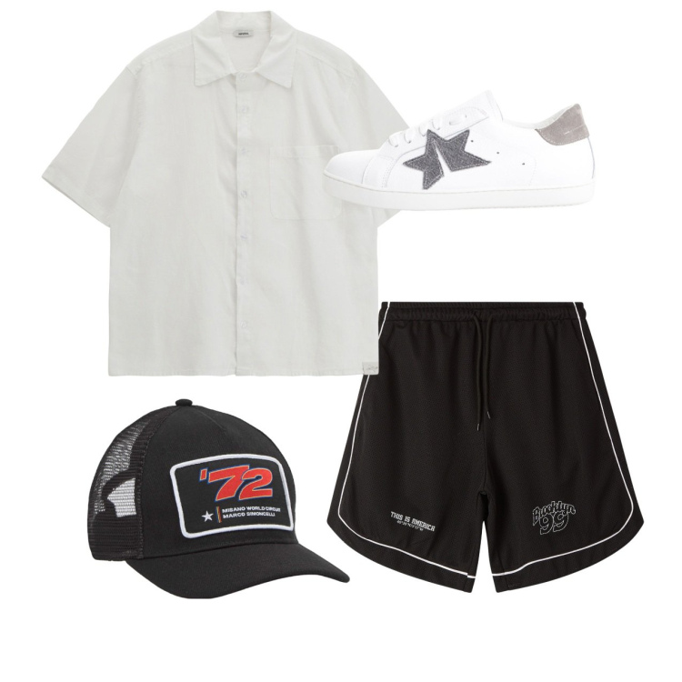 Outfit uomo - Total look city. Stile Casual per Tutti i giorni. Abbinamento con cappelli, bermuda, sneakers, camicie.
