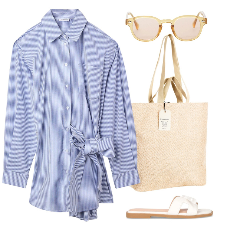 Outfit donna - Abito chemiser 001. Stile Casual per Tutti i giorni. Abbinamento con vestiti chemisier, borse tote, occhiali da sole, ciabatte.