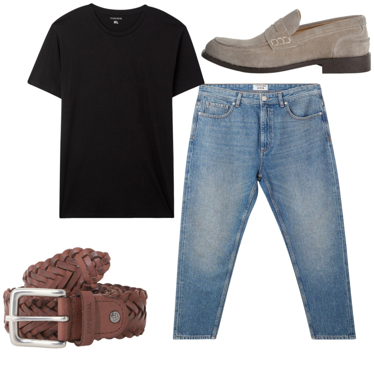 Outfit uomo - Total look. Stile Casual per Tutti i giorni. Abbinamento con jeans, t-shirt, cinture, scarpe stringate.