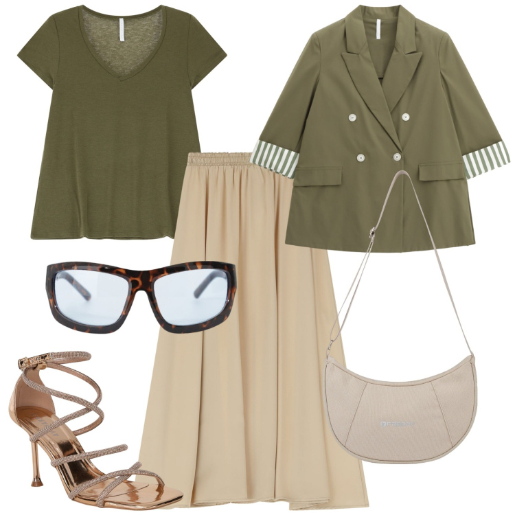 Outfit donna - Back to style: il rientro con stile. Stile Casual chic per Tutti i giorni. Abbinamento con sandali col tacco, t-shirt, occhiali da sole, gonne lunghe, blazer, borse a spalla.