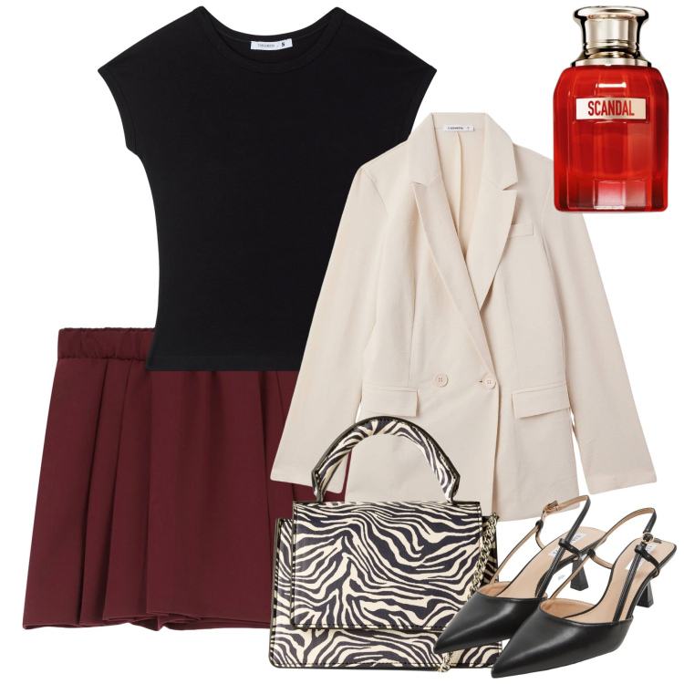 Outfit donna - Rientro di agosto. Stile Bon Ton per Ufficio. Abbinamento con profumi, blazer, t-shirt, sabot, borse a tracolla, gonne.