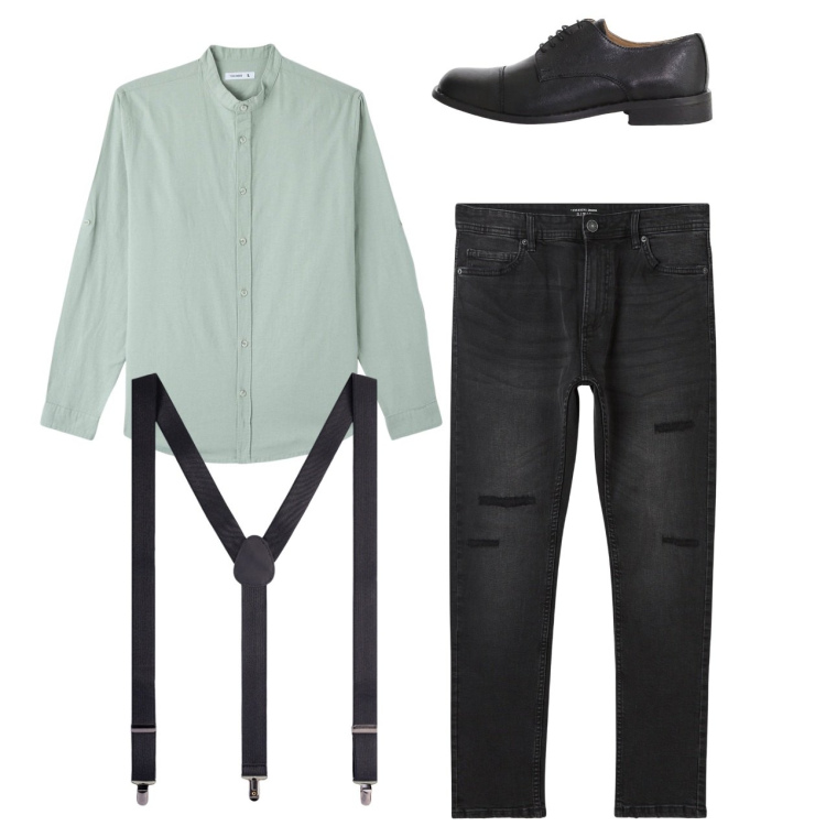 Outfit uomo - Total look city. Stile Casual per Tutti i giorni. Abbinamento con camicie, jeans strappati, scarpe stringate, bretelle.