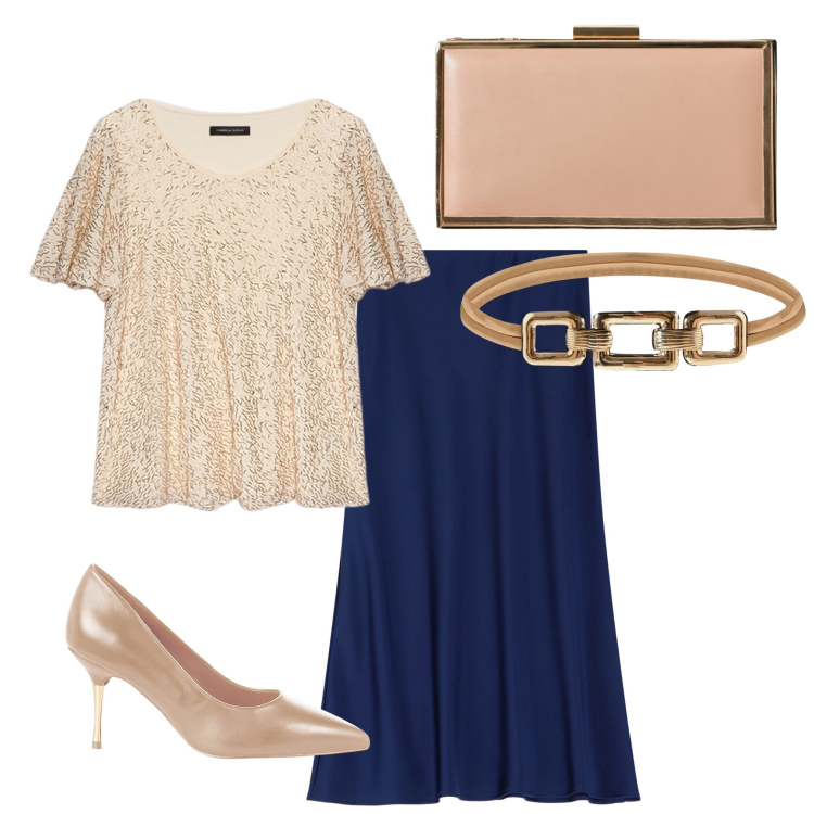 Outfit donna - Per una signora. Stile Casual chic per Tutti i giorni. Abbinamento con décolleté, pochette, cinture, gonne longuette, t-shirt.