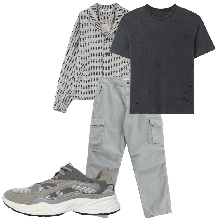 Outfit uomo - Total look #2233992. Stile Casual per Tutti i giorni. Abbinamento con t-shirt, sneakers, cappotti, pantaloni cargo.