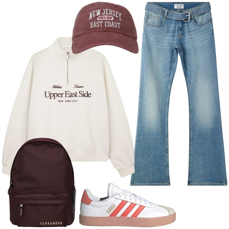 Outfit donna - Rientro a scuola con stile. Stile Preppy per Scuola/Università. Abbinamento con jeans a zampa, zaini, cappelli con visiera, felpe, sneakers.