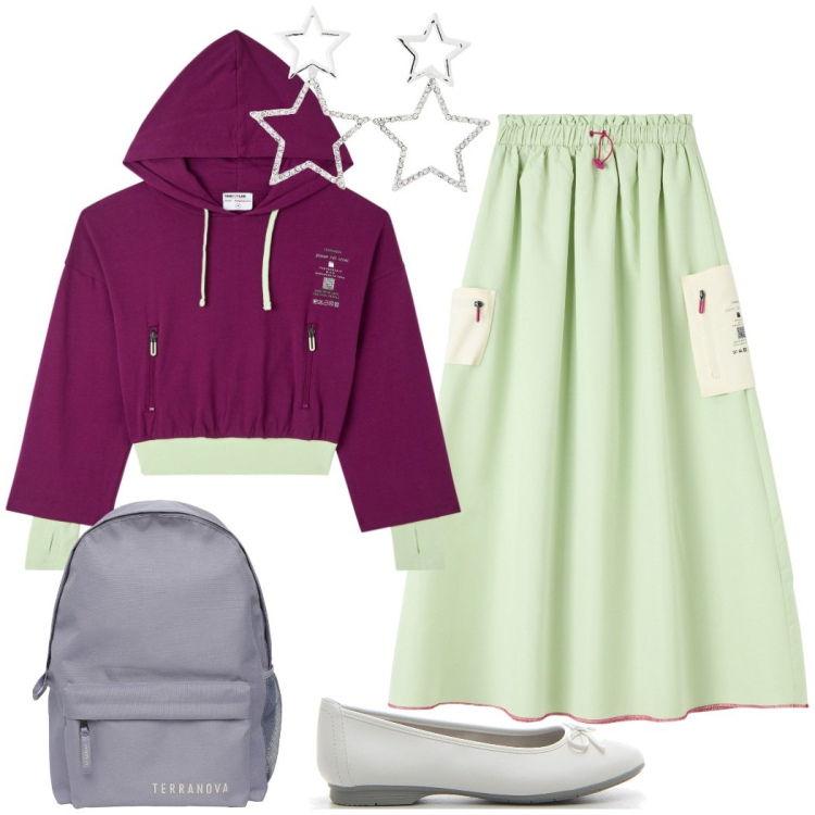 Outfit donna - Felpa corta e gonna lunga. Stile Preppy per Scuola/Università. Abbinamento con gonne lunghe, felpe con cappuccio, zaini, orecchini, ballerine.