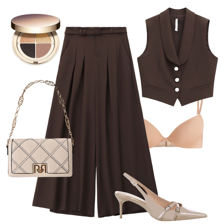 Outfit donna - Back to office. Stile Glamour per Ufficio. Abbinamento con ombretti, décolleté, reggiseni push-up, borse a tracolla, pantaloni a palazzo, gilet.