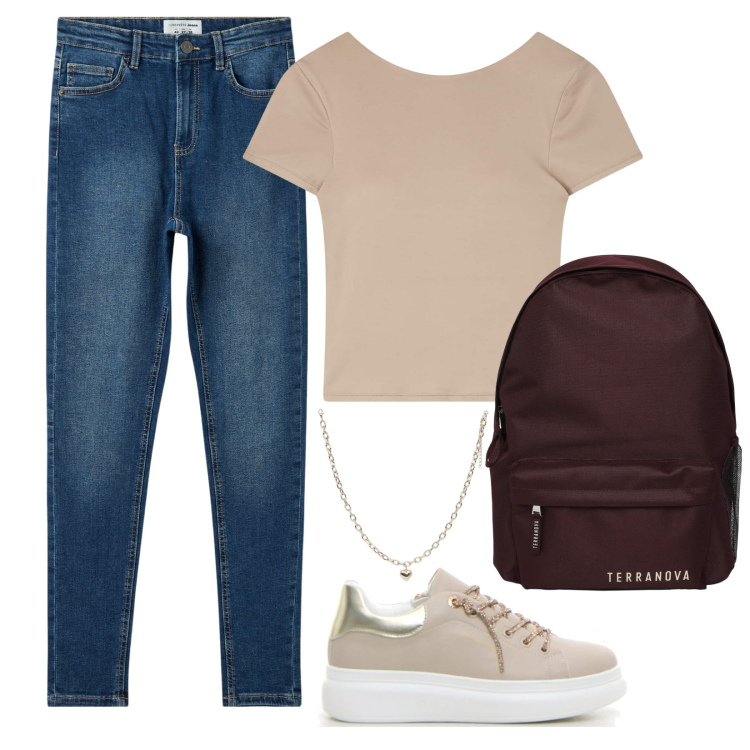 Outfit donna - Ritorno tra i banchi. Stile Trendy per Scuola/Università. Abbinamento con t-shirt, zaini, collane, jeans skinny, sneakers.