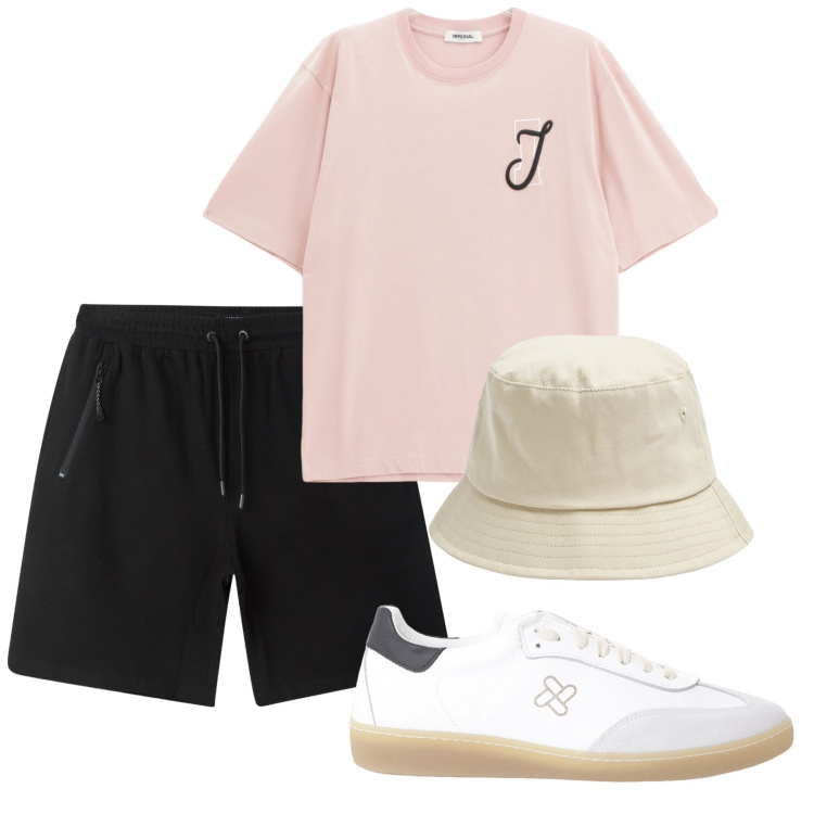 Outfit uomo - La maglietta rosa. Stile Trendy per Tutti i giorni. Abbinamento con cappelli, bermuda, t-shirt, sneakers.