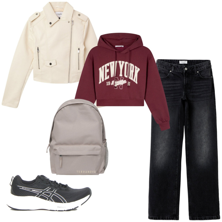 Outfit donna - Total look #2234029. Stile Urban per Scuola/Università. Abbinamento con giacche, felpe con cappuccio, jeans, zaini, scarpe sportive.